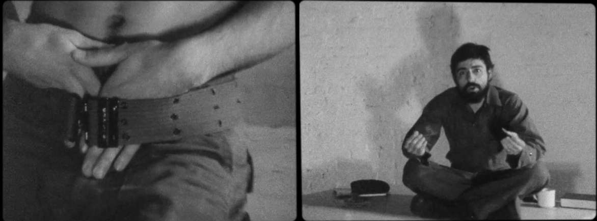 Two black and white images side by side: on left - a man's waist with his hands under his belt; on right a man sitting down, cross legged