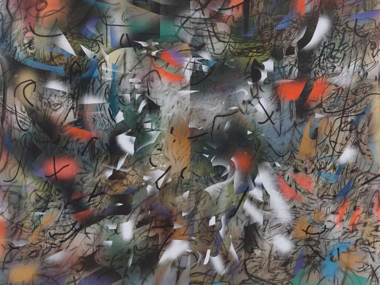 Julie Mehretu , “Haka (and Riot),” 2019.  Ink and Acrylic on Canvas 144 x 180 inches