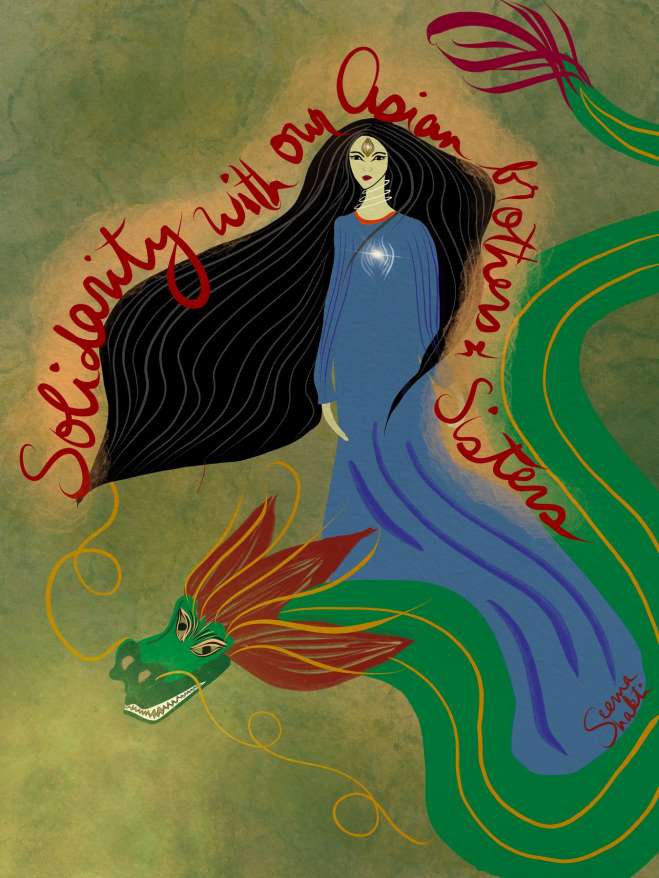 Painting of a woman with long dar hair in a blue dress on top of a dragon. Words surrounding her say 