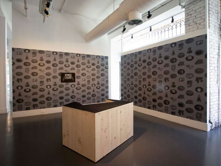 Revolution on Trial 017 – : Alex Callender, “History Constructs the House That Sometimes Holds Us,” 2020. Installation view, graphite pencil and acrylic on Stonehenge paper, printed vinyl Photo Tex wallpaper, wood, size variable. Photo Credit: Jessica Smolinski.