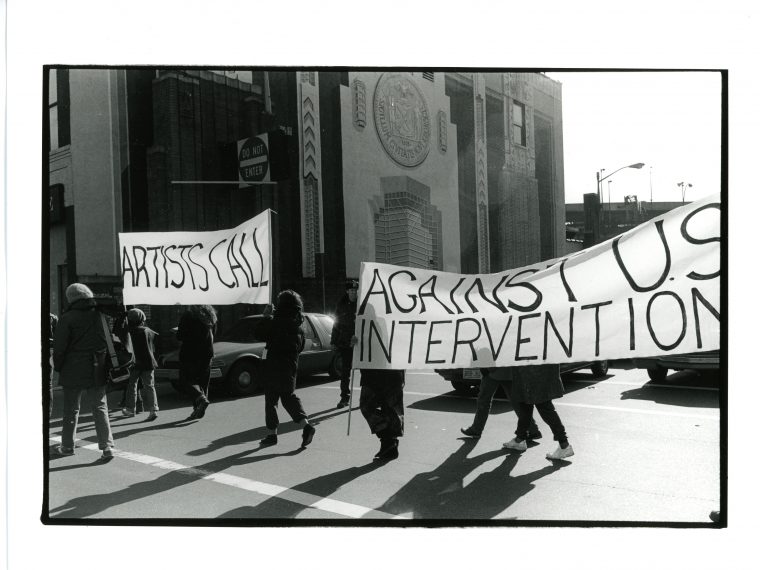 Dona Ann McAdams, Procession for Peace with Artists Call banner, New York City, 1984. Silver gelatin print. Courtesy of artist. 