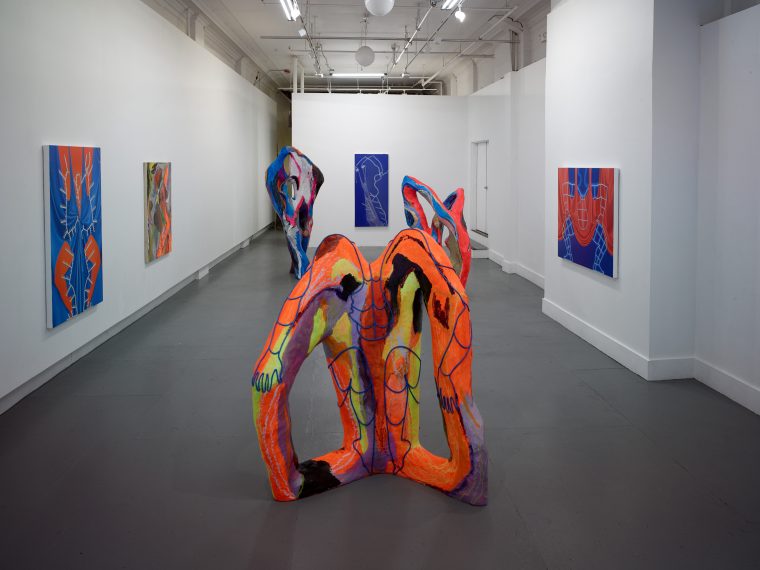 [Installation shot of Extra Spectral , sculpture in the foreground]
Bianca Beck & Sascha Braunig
Untitled
58 x 54 x 29 in
wood, wire, papier-mâché, acrylic, oil, and epoxy
2019