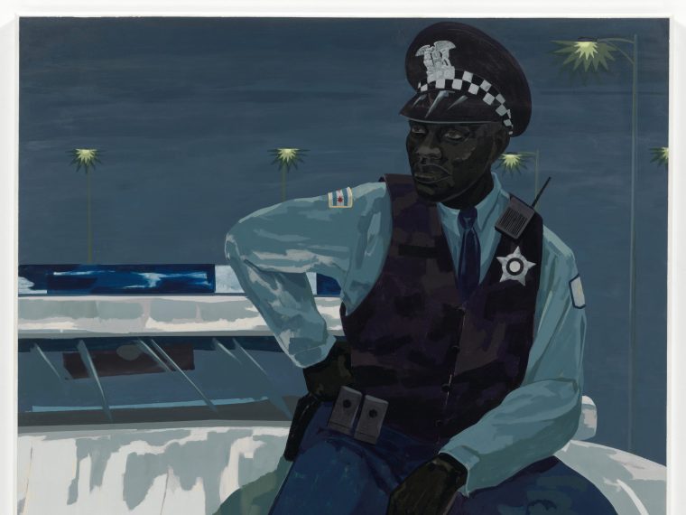 Kerry James Marshall, “Untitled (policeman),” 2015. Acrylic on PVC panel with plexiglass frame, 60 x 60 in (152.4 x 152.4 cm). Museum of Modern Art, Gift of Mimi Haas in honor of Marie-Josée Kravis. © Kerry James Marshall. Courtesy the artist and Jack Shainman Gallery, New York