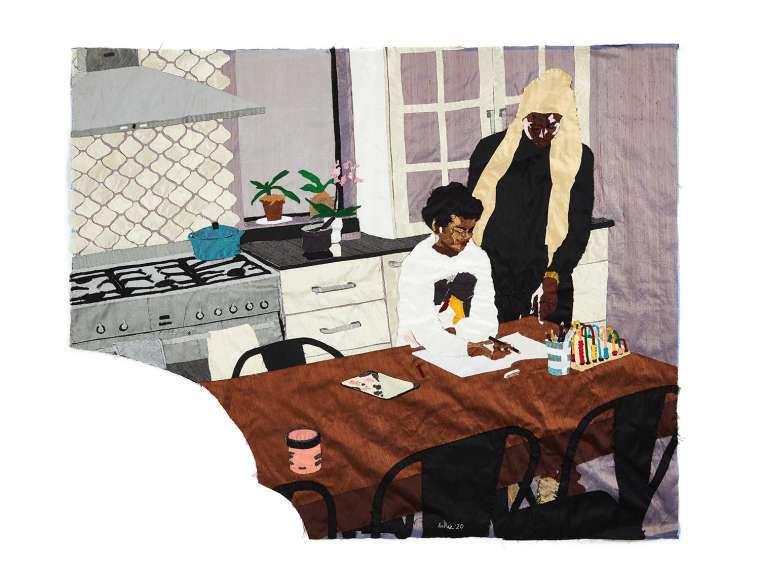 Billie Zangewa, “Heart of the Home,” 2020, hand-stitched silk collage, 53.5 × 43.25 inches. Courtesy of the artist and Lehmann Maupin, New York, Hong Kong, Seoul, and London.
From the BOMB interview “Transformation as a Common Theme: Billie Zangewa Interviewed by Rebecca Rose Cuomo,” published online October 12, 2020 at bombmagazine.org