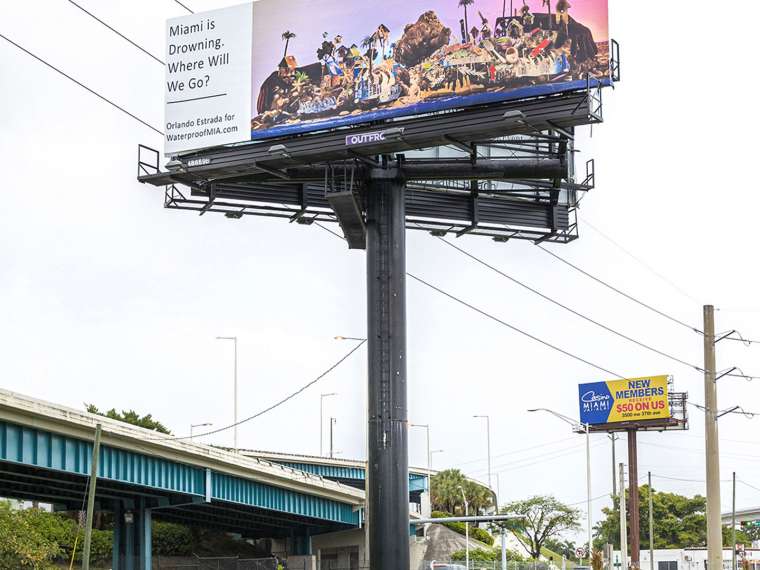 “Dear Miami,” Orlando Estrada, September 29th – November 15th, 2020. Billboard installation in Miami Springs, BFI and Bridge Initiative for WATERPROOF MIAMI.