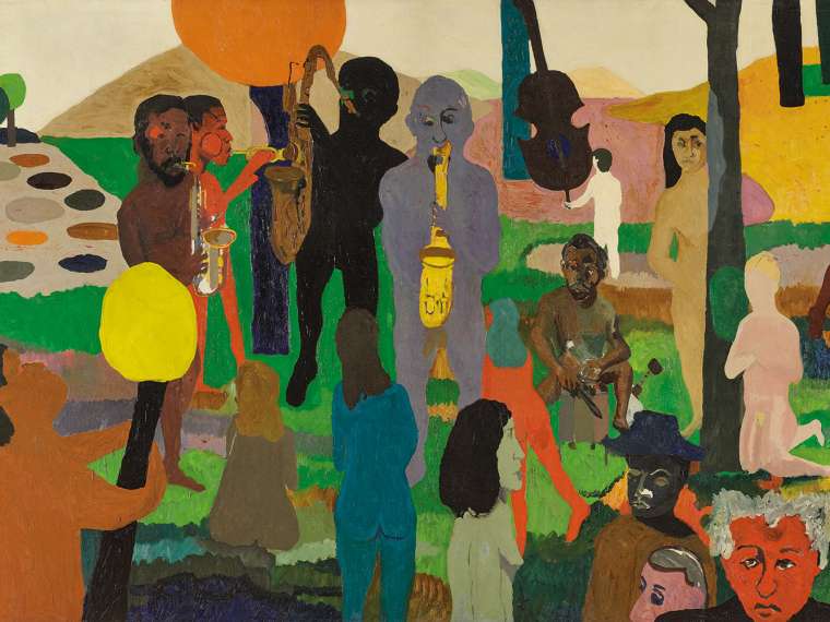 Bob Thompson, “Garden of Music,” 1960. Oil on canvas. 79 1/2 × 143 in. (201.9 × 363.2 cm). Wadsworth Atheneum Museum of Art, Hartford, Connecticut. The Ella Gallup Sumner and Mary Catlin Sumner Collection Fund. © Michael Rosenfeld Gallery LLC, New York. Photo: Allen Phillips / Wadsworth Atheneum