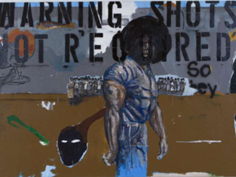 Henry Taylor, Warning shots not required, 2011.
Acrylic, charcoal, and collage on canvas
75 1/4 x 262 1/4 x 1 3/4 inches. The Museum of Contemporary Art, Los Angeles
