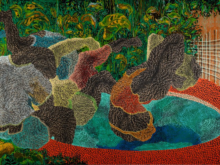 Didier William, Mosaic Pool, Miami, 2021. Acrylic, collage, ink, wood carving on panel, 68 x 104 inches. Collection of Reginald and Aliya Browne.