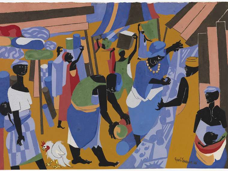 Jacob Lawrence, Market Scene, 1966. Gouache on paper, Chrysler Museum of Art, © Jacob Lawrence / Artists Rights Society (ARS), New York.