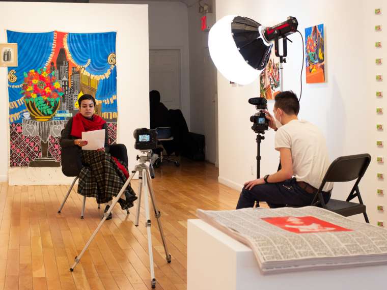 Cheryl Mukherji,
2021 Workspace Resident.
Portrait of Cheryl Mukherji and Lloyd McCullough during filming of Mukherji’s video interview during her solo exhibition, “Wanted Beautiful Home Loving Girl”, 2022.
Photo by Alex Schlechter.