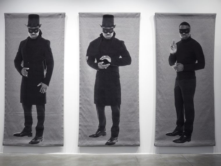Faisal Abdu’Allah, The Duppy Conqueror (triptych), 2017. Jacquard tapestries,
117 x 60 inches, each. Courtesy of the artist.