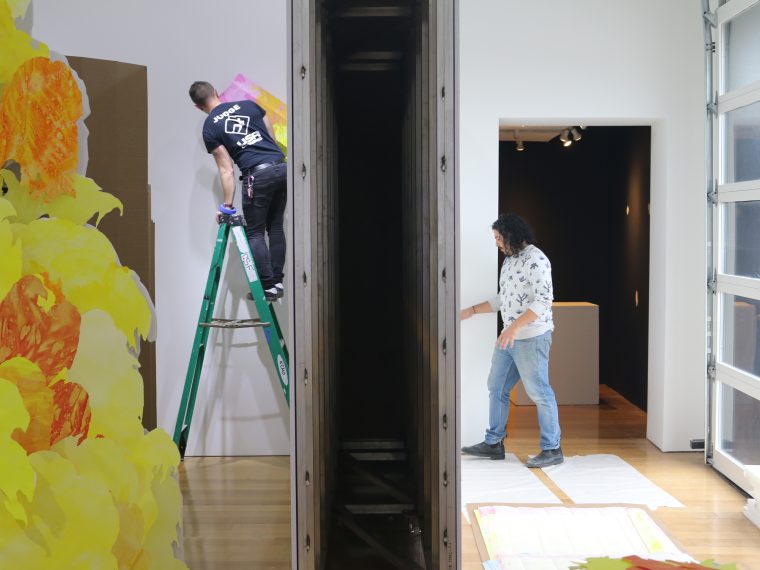The Law for Falling Bodies, 2022.  Artists installing exhibition. Photo by Charlotte Street Foundation.