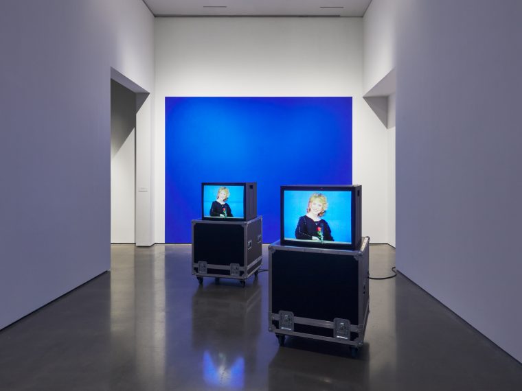 Installation image from Dara Birnbaum: Reaction, June 25 – November 27, 2022. Hessel Museum of Art, Center for Curatorial Studies, Bard College, Annandale-on-Hudson, NY. Photo: Olympia Shannon, 2022.