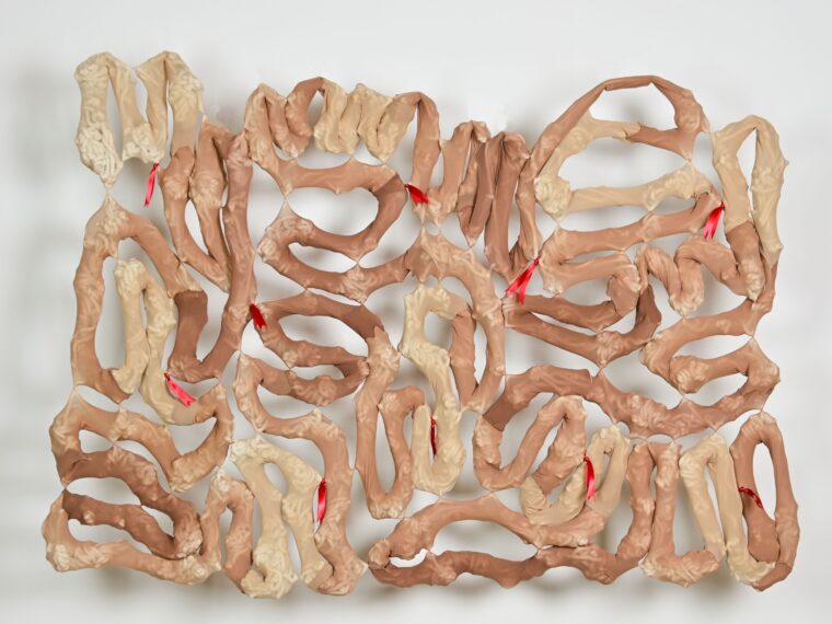 Maggie Thompson, The Equivocator, 2021. Rope, wire stockings, thread, and
ribbon, 42 × 66 × 6 inches.
Collection of Hair & Nails. Photo by Emma Beatrez, Courtesy of the Rochester Art Center.