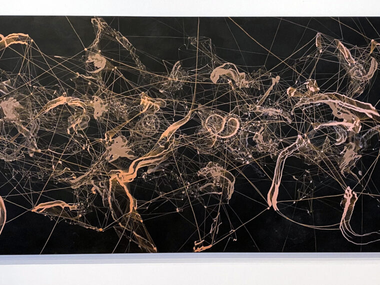 Christine Cassano (collaboration with artist Jimmy Peggie), Universal Algorithm, 2021. Sound painting, 48″ H x 96″ L x 2″ D. Wall panel. Courtesy of CURRENTS. 
