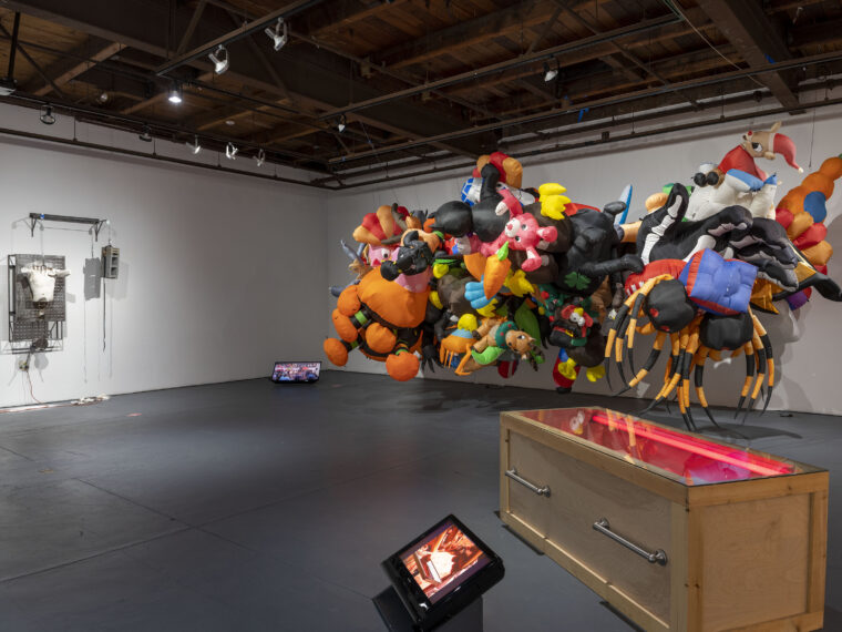 Exhibition: Statues Also Die, 2020, Curated by Sarah Fritchey. Works pictured, from left: Jeffrey Meris, The Block is Hot (2020), Nick Cave, Augment (2019), Doreen Garner, Skin of PONEROS and Purge (2017). Photo Credit: John Groo. 