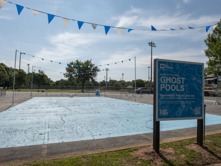 Hannah Palmer, “Ghost Pools,” Flux Projects, 2023, at the site of two pools in East Point, GA, that became battlegrounds over integration and were eventually abandoned. Photo by Julie Yarbrough
