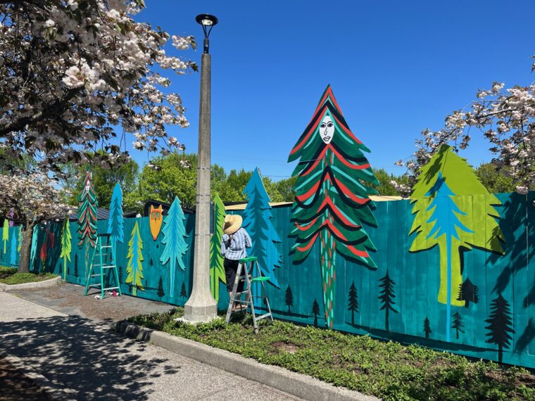 Cultivate Initiatives, Gather:Make:Shelter’s quarter-mile mural created in collaboration with residents of the new Menlo Park Village, 2023, Portland, Oregon. 