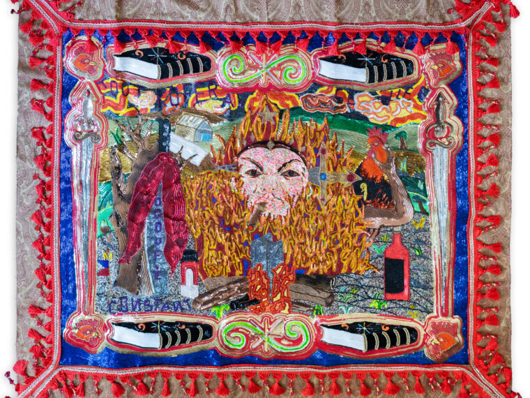 Myrlande Constant, 
Tout Ko Feray Se Dife, 
2022, 56.5 × 65 inches,
Beads, sequins, and tassels on fabric.
© Myrlande Constant. Courtesy of the artist and Fort Gansevoort.