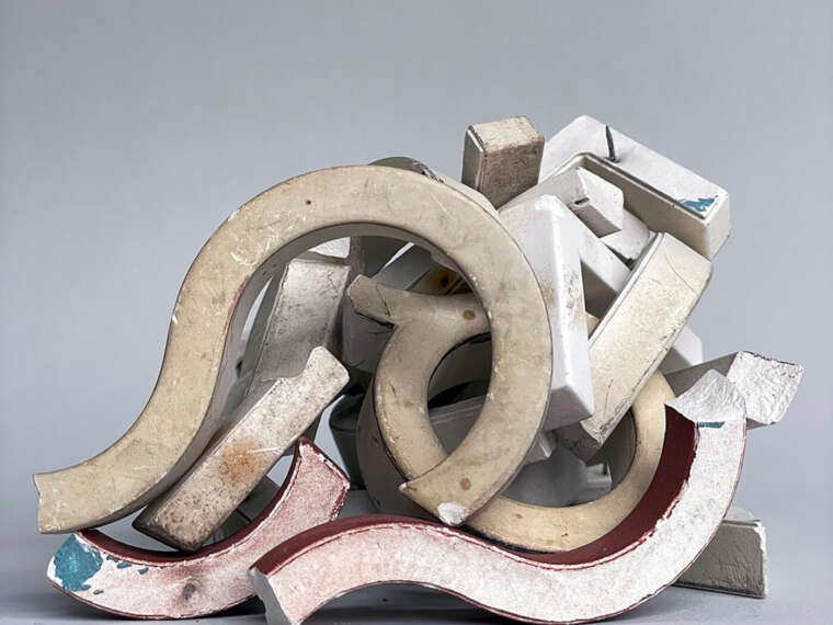 Mary Lum, temporary arrangement of ceramic letter fragments from the artist’s collection, 2023. Dimensions variable. Photo by Julia Featheringill. Courtesy of the artist and Harvard Radcliffe Institute.