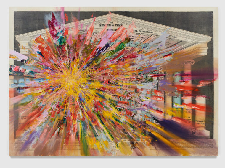 Firelei Báez, Untitled (Temple of Time), 2020. Oil, acrylic, and inkjet on canvas. 94 1/2 × 132 3/8 × 1 5/8 inches. Courtesy the artist and Hauser & Wirth, New York. Photo by Phoebe d’Heurle. © Firelei Báez