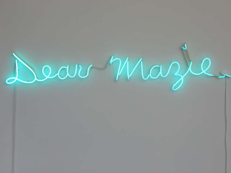 Detail of neon sign, Dear Mazie,; ICA at VCU, 2024. (photograph by David Hale) 