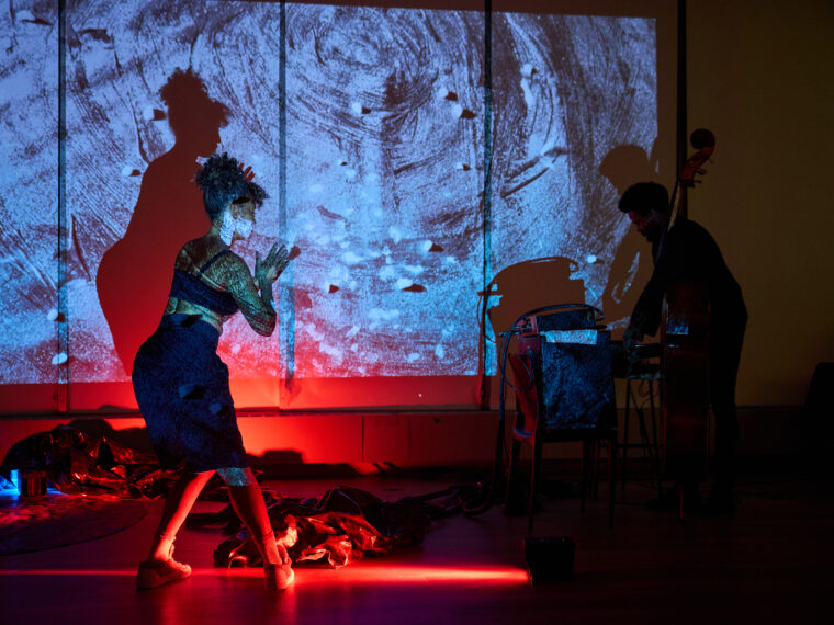 Selfless Abandon (Miriam Parker and Luke Stewart) performing “Channeling” at the VLC Forum 2024: Correct History* Community Dinner. October 25, 2024. Photo by Argenis Apolinario, courtesy the Vera List Center for Art and Politics.