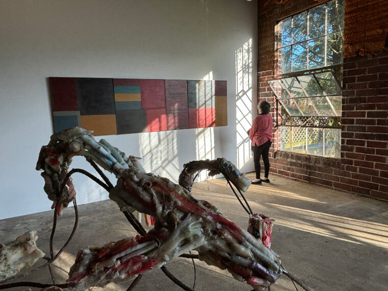 Work by Oreen Cohen and Sukeshi Sondhi on view at Tissue Farm gallery in the rural Appalachian town of Confluence, PA. June 2024. Image credit: Radiant Hall.