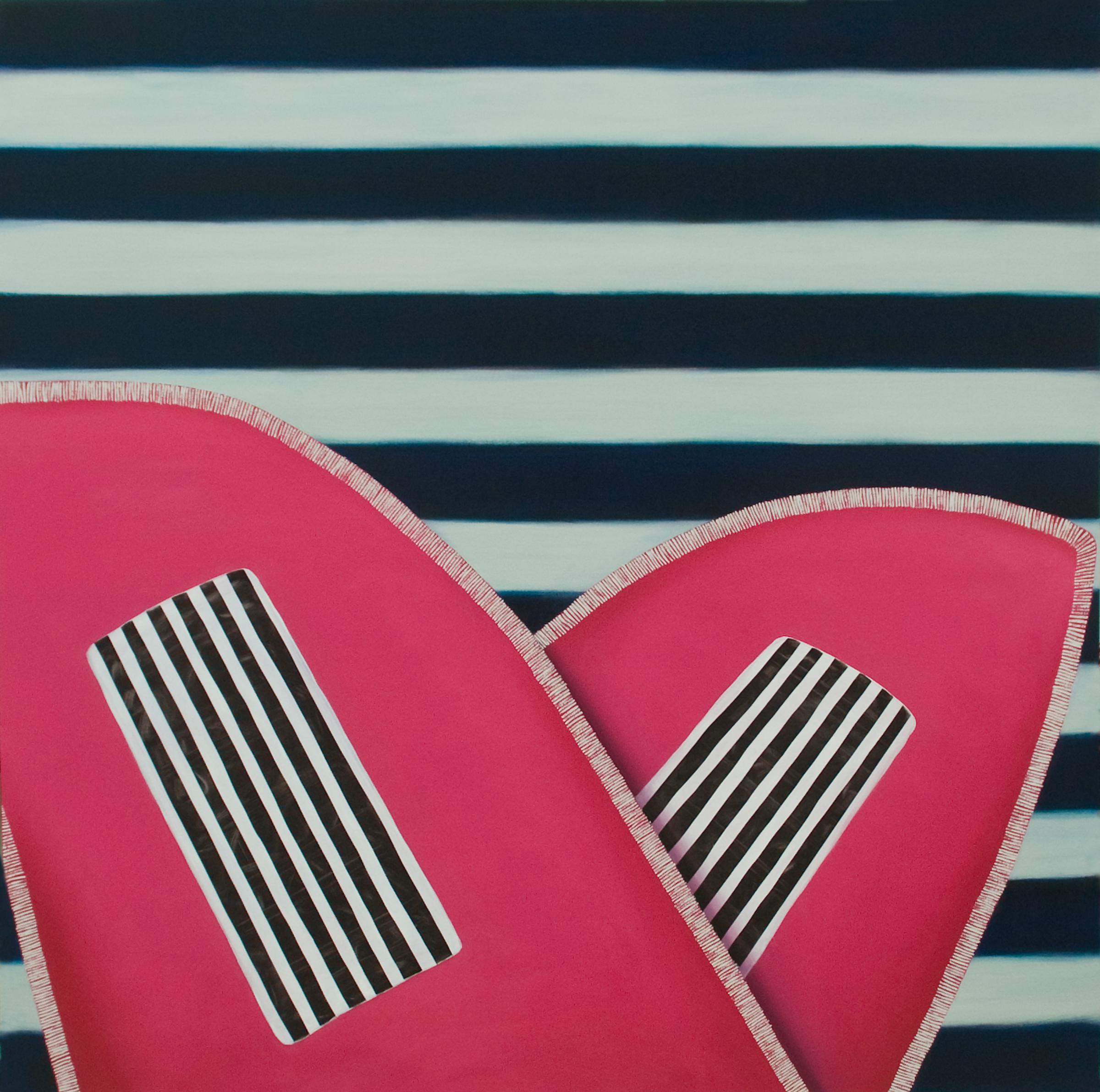 a large square painting with dark blue and white stripes in the background, and two large pink shapes in the foreground. The pink shapes recall moccasins vamps, their edges are lined in short white vertical lines. At the center of each overlapping vamp are rectangles of black and white stripes.