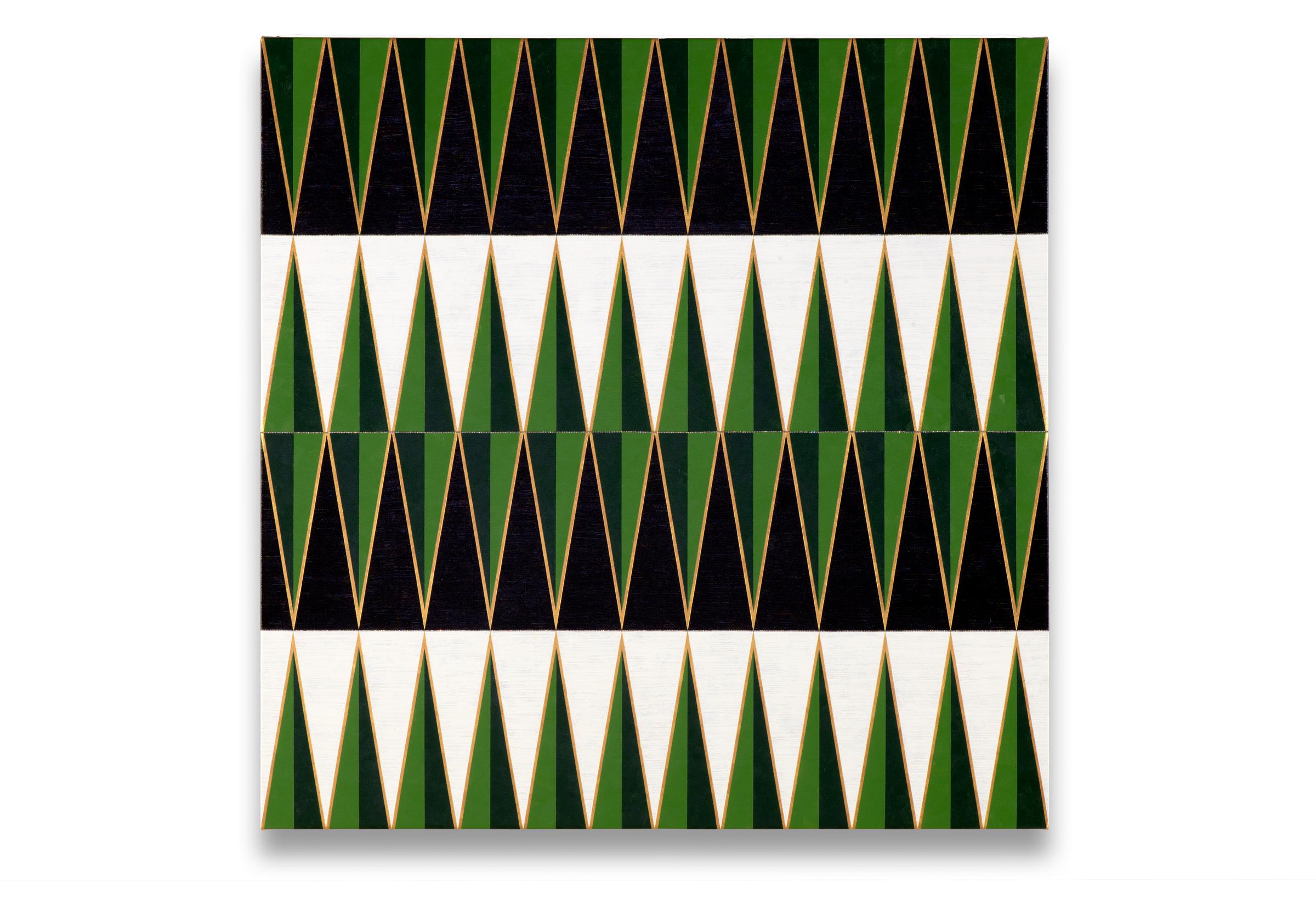 a square painting made of two rows of isosceles triangles which meet to form hourglass shapes. The triangles are outlined in gold, and enclose two tones of green. There are also areas of black and white.