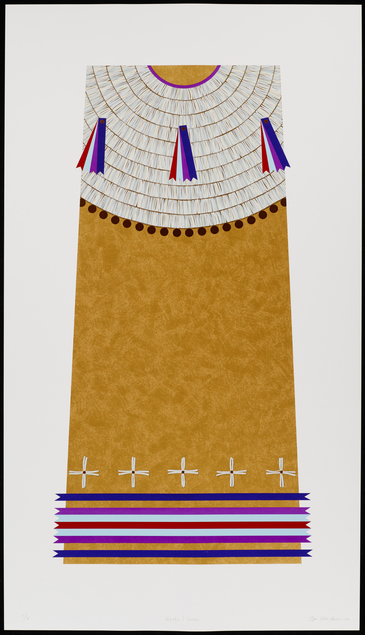 a print on paper of a vertical trapezoid that is primarily yellow with purple, blue, and red stripes on the lower section of the shape. There are also curved white cross shapes on the lower section. On the upper part of the print the trapezoid has concentric curved rows of short lines in different shades of white and grey