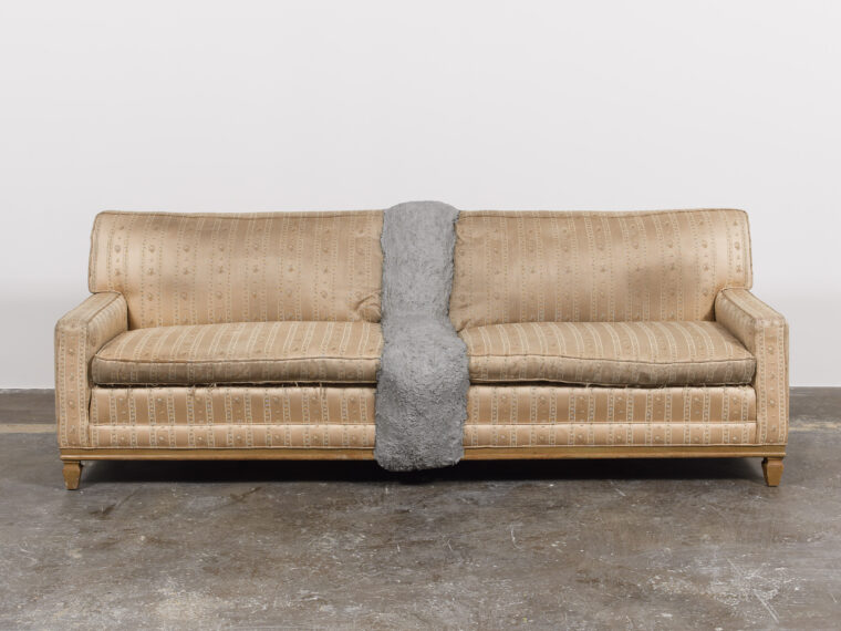 Rodney McMillian, Couch, 2012. Couch and cement,  32 ½ x 88 ½ x 32 ½ in. Photo by Jeffrey Sturges.
