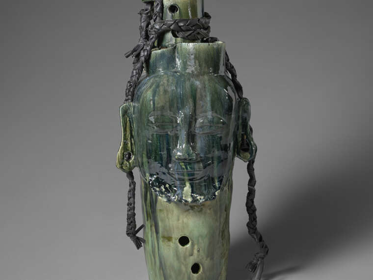 Leilah Babirye, Wanyana from the Kuchu Grasshopper, 2021. Glazed ceramic and found objects.