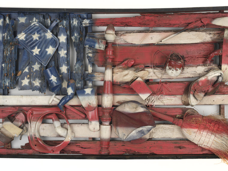 Willie Birch, Two Faces of a Nation, 1968. Wood, paint, and found materials, 35 1/2 × 60 ¾ × 7 1/2 in. framed. Photo by Sesthasak Boonchai.
