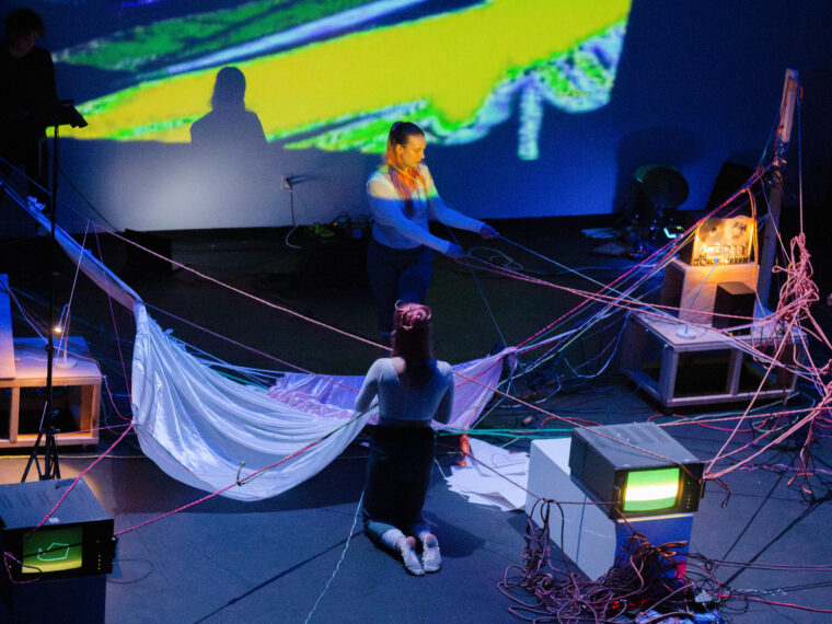 Endometric. Featuring The Center for Aesthetic Research. A multimedia performance that included live sound,
image processing, video synthesis, dance and drawing. Performance view.