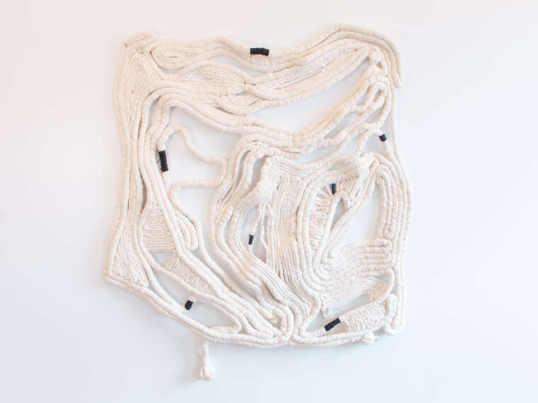 Brianna McIntyre, Soft Gaps Widening, 2025. Cotton piping, Kanekalon hair, 48 x 60 inches. 