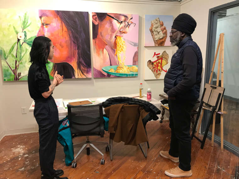 Artists Caroline Woolard and Jean Gray-Mohs in studio visit exchange. ShopSpace, Raleigh, NC. September 2024. Photo by JP Reuer.