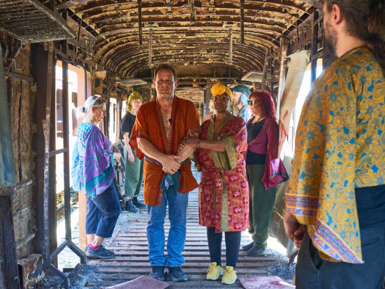 In 2024, Seafoam Palace artists traveled to Tunisia searching for a meteorite sliver that could translate messages from a binary sun. The narrative-driven performance, title Milk of Hamm of the sliver activation took place in an abandoned train yard. Photo by Julia Sollis.