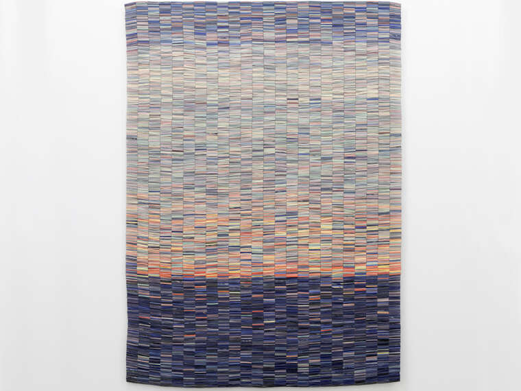 Nadia Myre (Algonquin, Kitigan Zibi Anishinabeg First Nation, b. 1974). Light Assembly (Julie), 2023. Ceramic, nylon-coated stainless steel wire. 84 x 60 in. Photo by Darren Rigo.